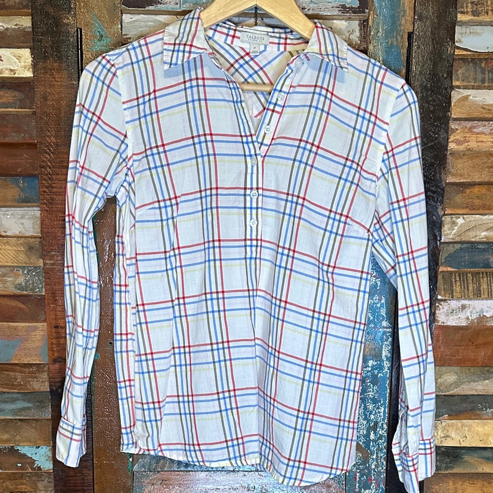 Talbots Creamy 3/4 Button down colorful striped plaid